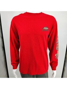RARE Vintage 1990s Y2K Gecko Hawaii Glitter Logos Red Long Sleeve Shirt (L)